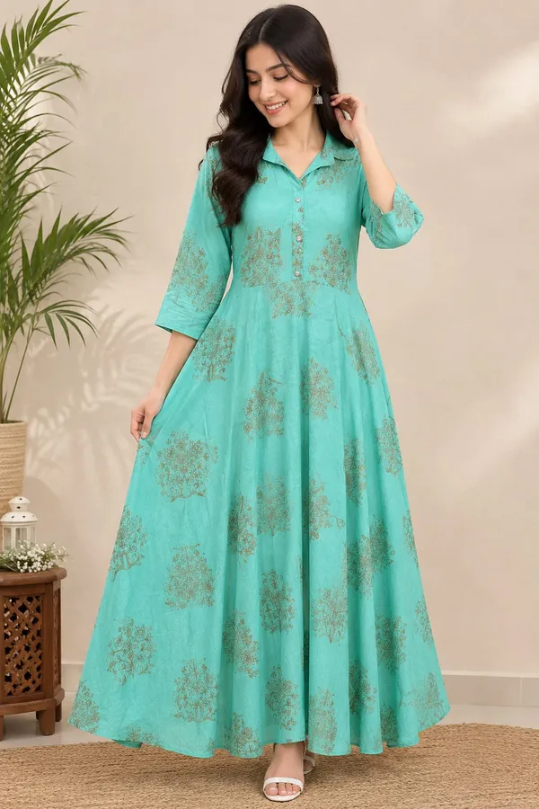 Turquoise_Printed_Flared_Anarkali_Dress_for_Women