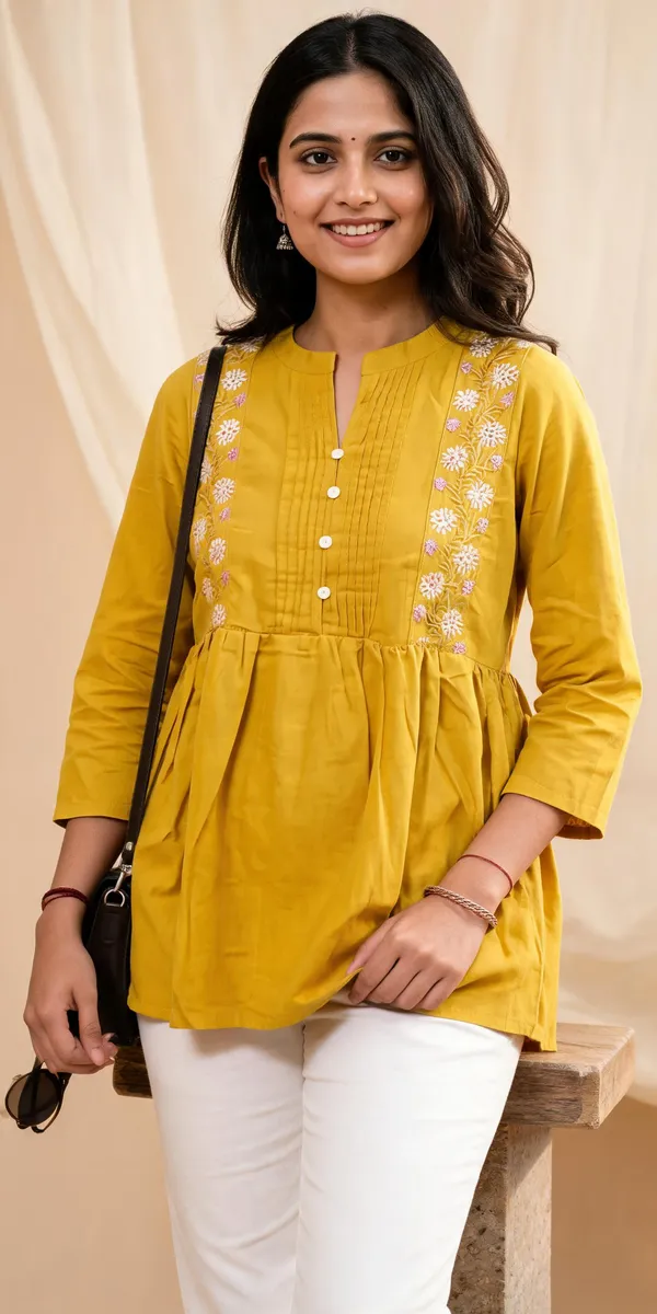 Yellow_Cotton_Flared_Kurti_For_Women