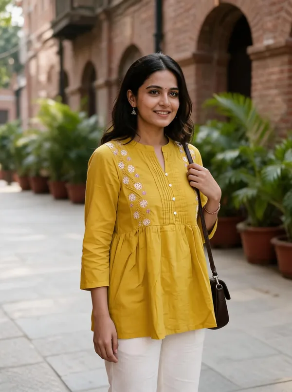 Yellow_Cotton_Flared_Kurti_For_Women