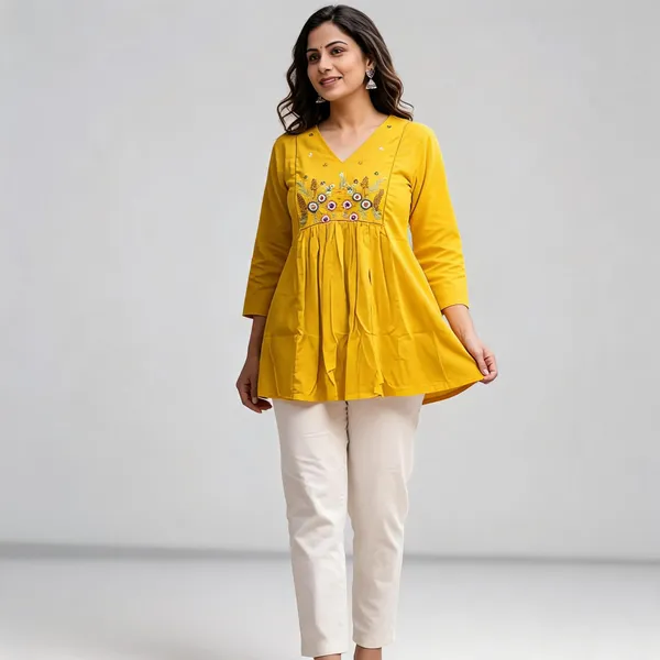 Yellow_Embroidered_Flared_Kurti_For_Women