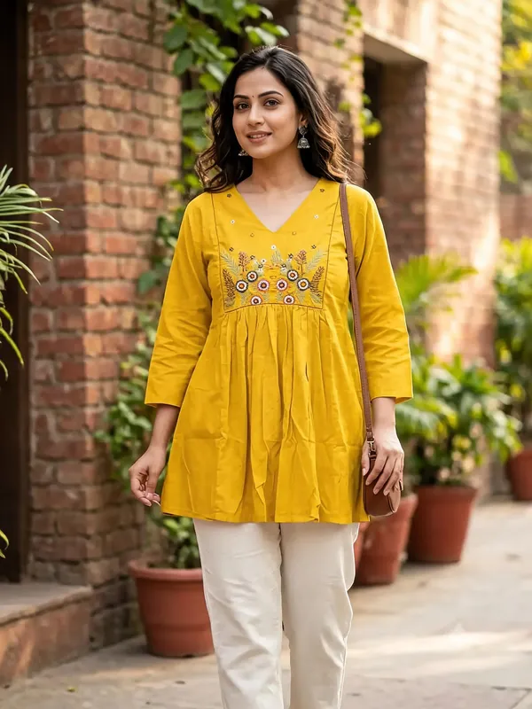 Yellow_Embroidered_Flared_Kurti_For_Women