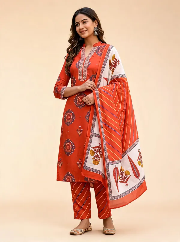 Orange_Printed_Ethnic_Kurta_Set_For_Women
