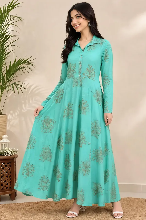 Turquoise_Printed_Flared_Anarkali_Dress_For_Women