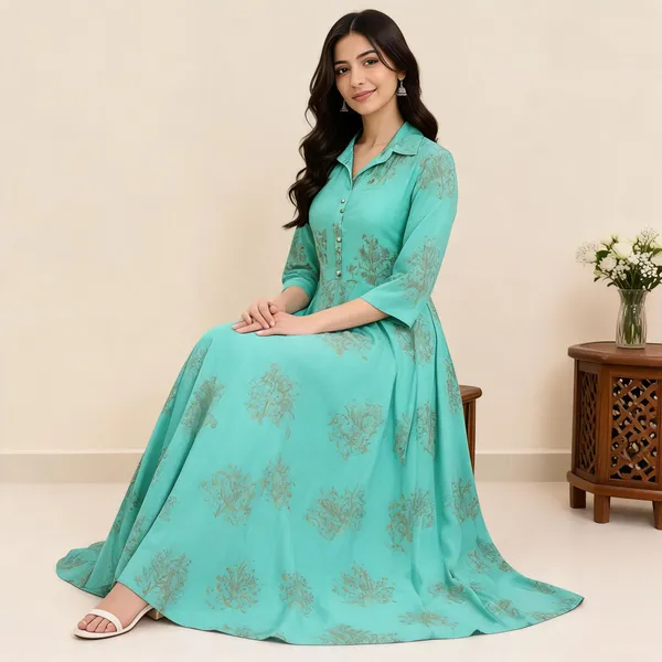 Turquoise_Printed_Flared_Anarkali_Dress_For_Women