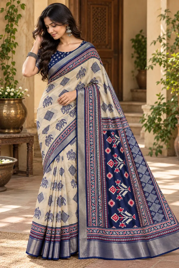 Cream_and_Antique_blue_Saree_For_Women