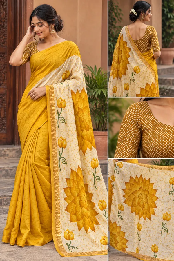 Yellow_Floral_Print_Saree_For_Women