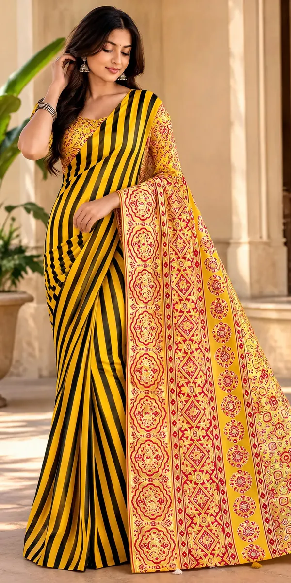 Yellow_Printed_Striped_Saree_for_Women