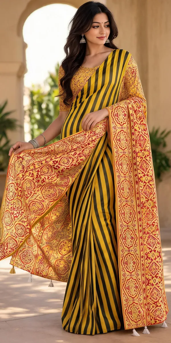 Yellow_Printed_Striped_Saree_for_Women