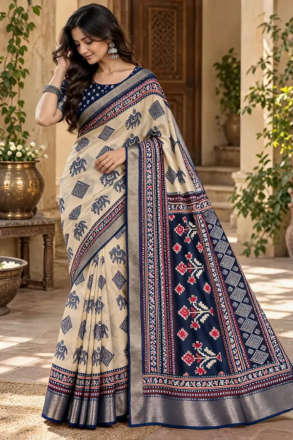 Cream_and_Antique_blue_Saree_For_Women