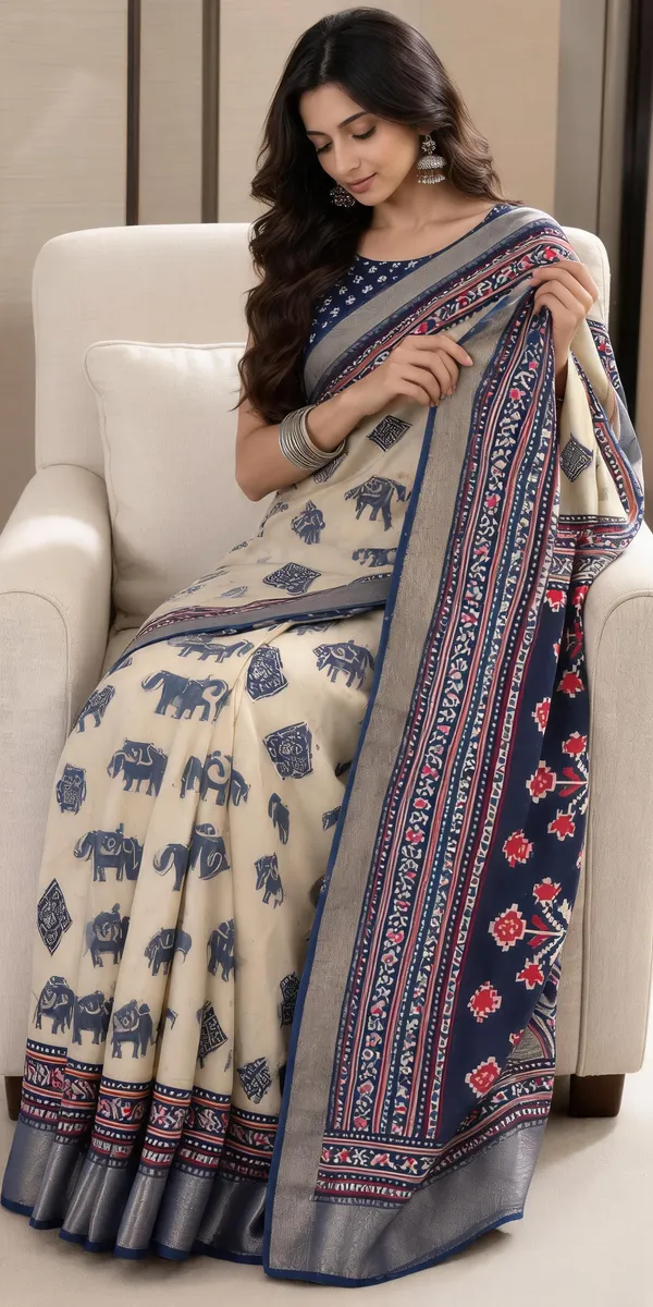 Cream_and_Antique_blue_Saree_For_Women