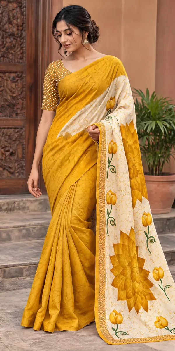 Yellow_Floral_Print_Saree_For_Women