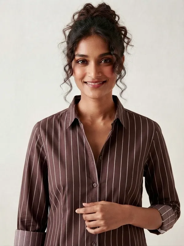 Brown_Riyon_Cotton_Striped_Shirt_For_Women