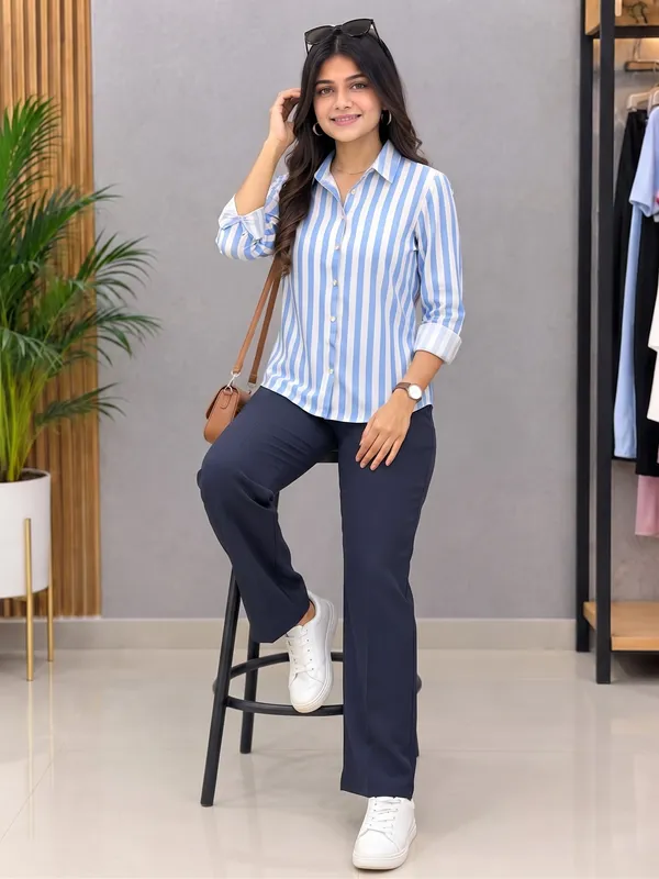 Blue_And_White_Riyon_Cotton_Striped_Shirt_For_Women
