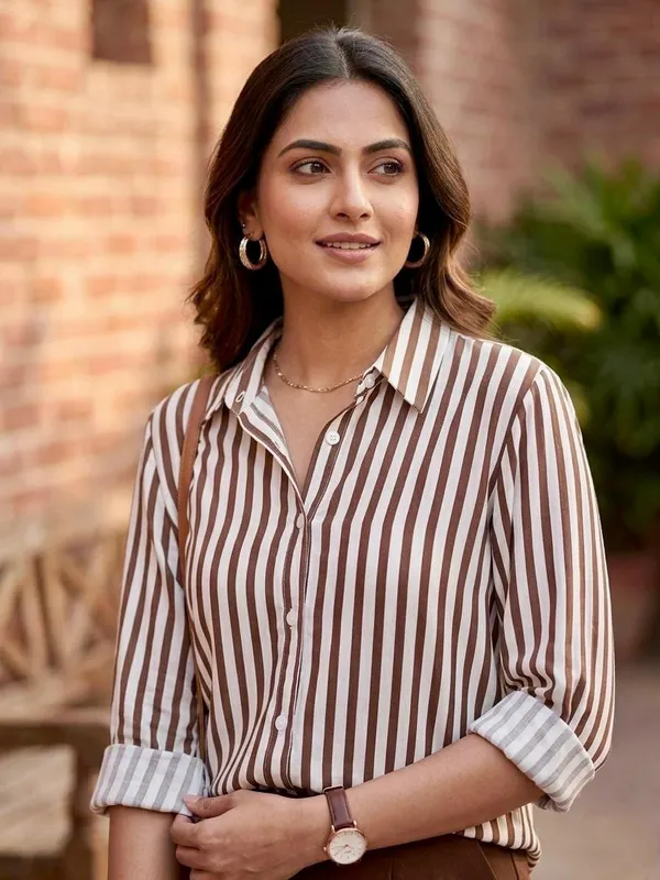 Brown_Riyon_Cotton_Striped_Shirt_For_Women