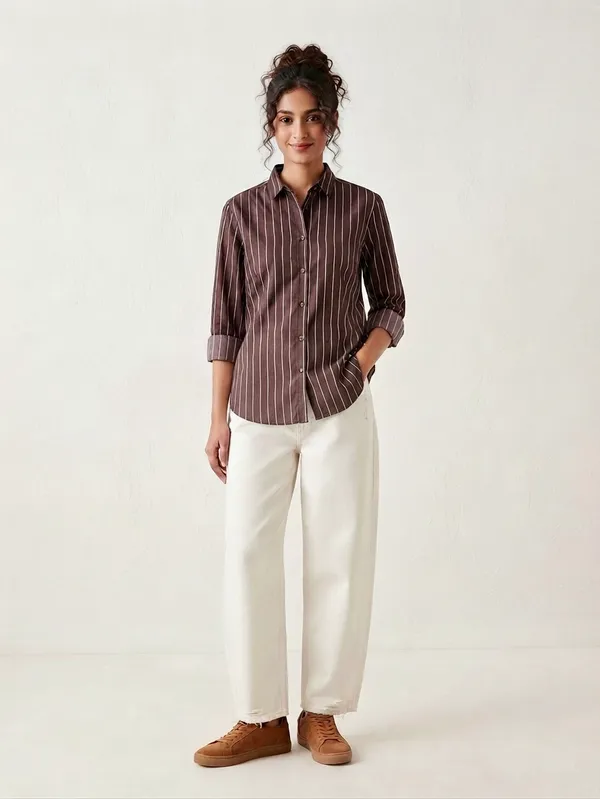 Brown_Riyon_Cotton_Striped_Shirt_For_Women