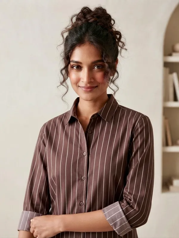 Brown_Riyon_Cotton_Striped_Shirt_For_Women