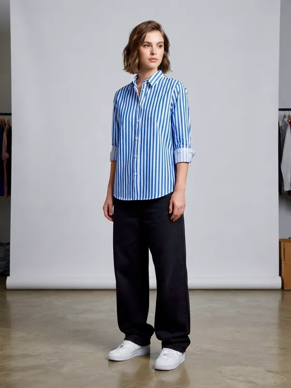 Blue_Riyon_Cotton_Striped_Shirt_For_Women