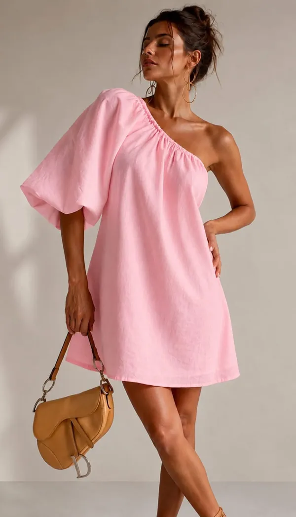 Pink_Rayon_Linen_One_Shoulder_Mini_Dress_For_Women