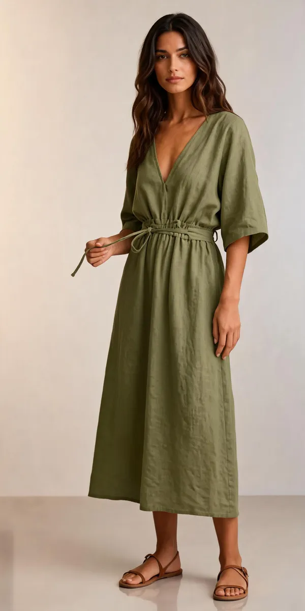 Olive_Rayon_Linen_Tie_Waist_Midi_Dress_For_Women