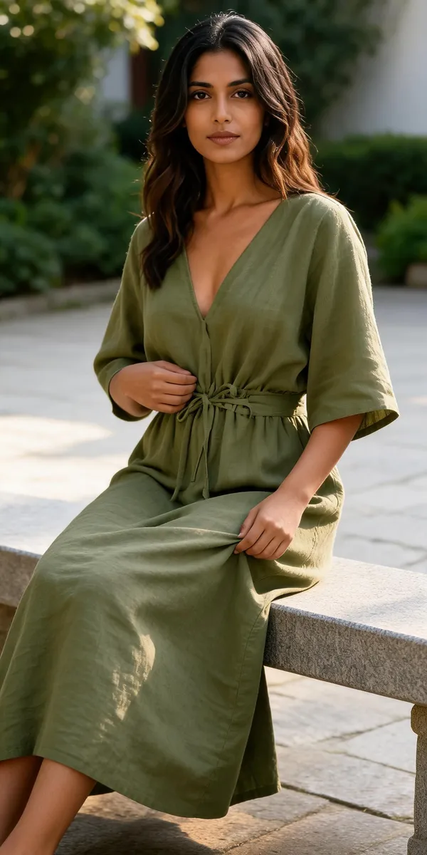 Olive_Rayon_Linen_Tie_Waist_Midi_Dress_For_Women