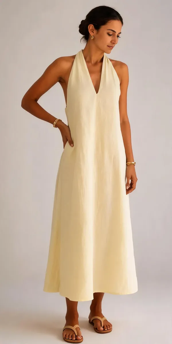 Cream_Rayon_Linen_Halter_Neck_Maxi_Dress_For_Women