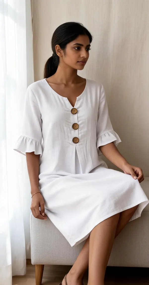 White_Rayon_Linen_Straight_Fit_Dress_For_Women