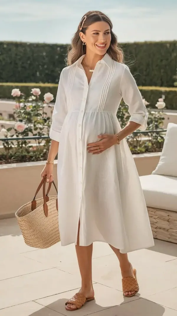 White_Rayon_Linen_Button_Front_Maternity_Midi_Dress_For_Women