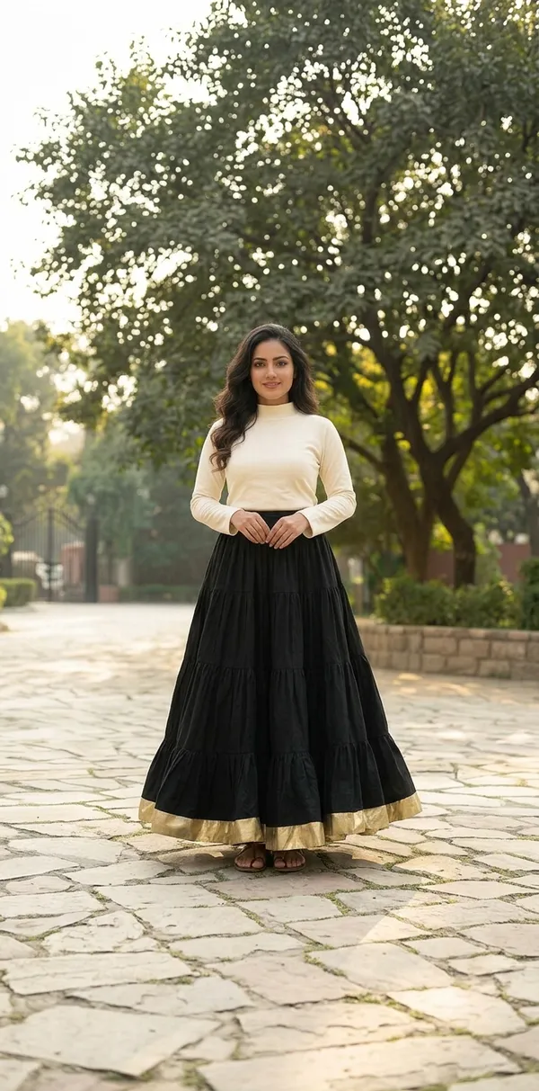 Black_Rayon_Linen_Tiered_Ruffle_Skirt_For_Women