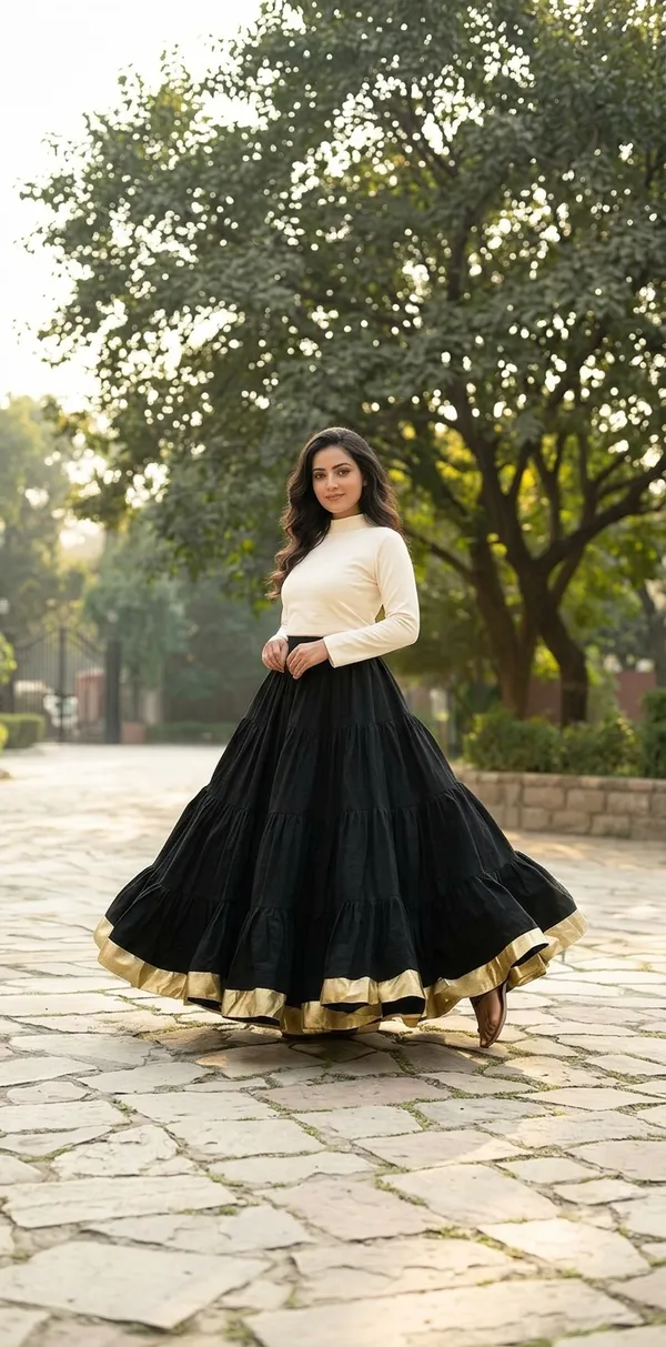 Black_Rayon_Linen_Tiered_Ruffle_Skirt_For_Women