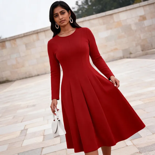Red_Rayon_Linen_Fit_And_Flare_Dress_For_Women