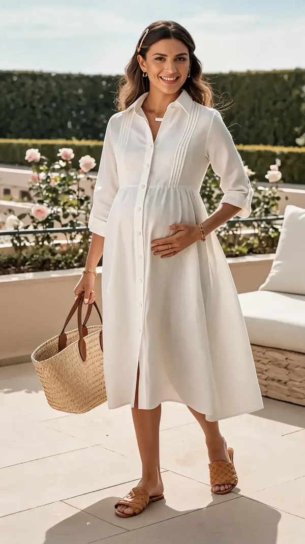 White_Rayon_Linen_Button_Front_Maternity_Midi_Dress_For_Women