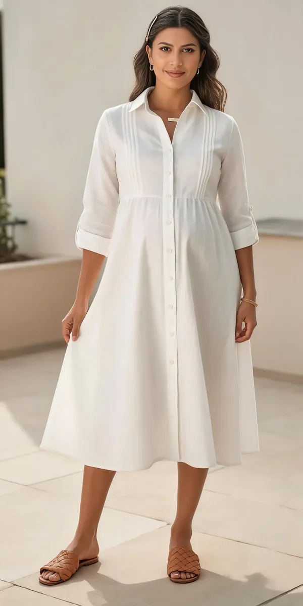 White_Rayon_Linen_Button_Front_Maternity_Midi_Dress_For_Women