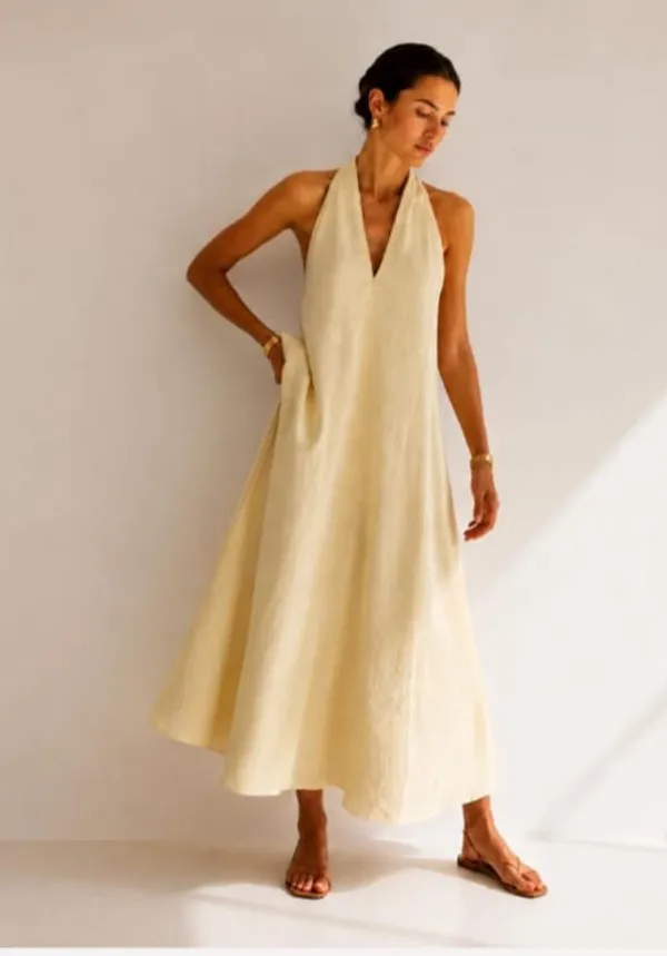 Cream_Rayon_Linen_Halter_Neck_Maxi_Dress_For_Women