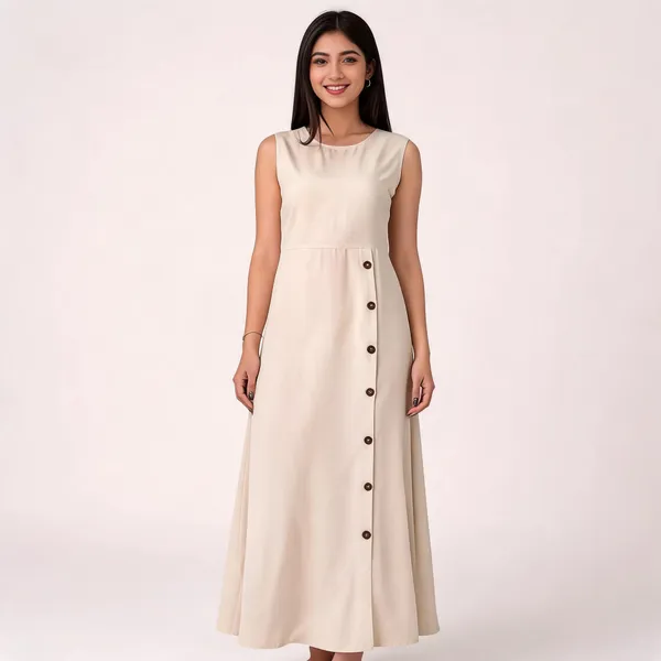 Cream_Rayon_Linen_Sleeveless_Side-Slit_Maxi_Dress_For_Women
