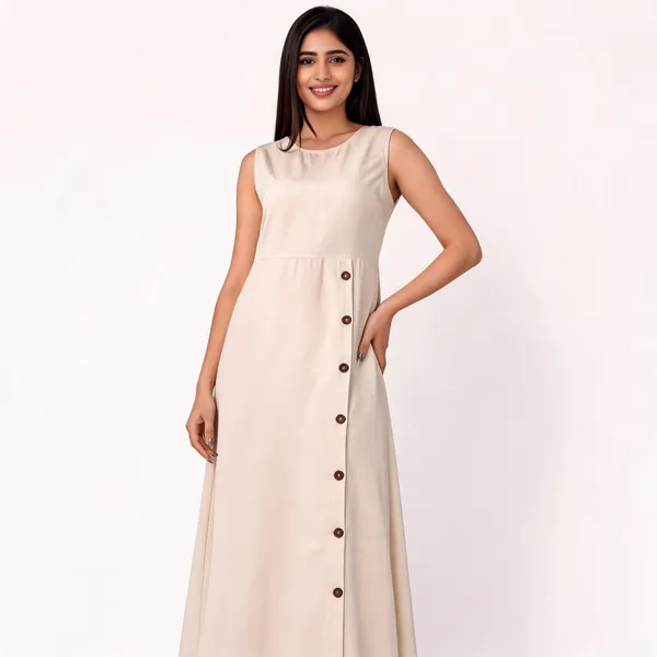 Cream_Rayon_Linen_Sleeveless_Side-Slit_Maxi_Dress_For_Women