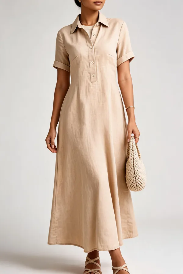 Beige_Rayon_Linen_Casual_Shirt_Dress_For_Women