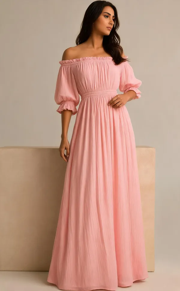 Pink_Rayon_Linen_Off_Shoulder_Maxi_Dress_For_Women