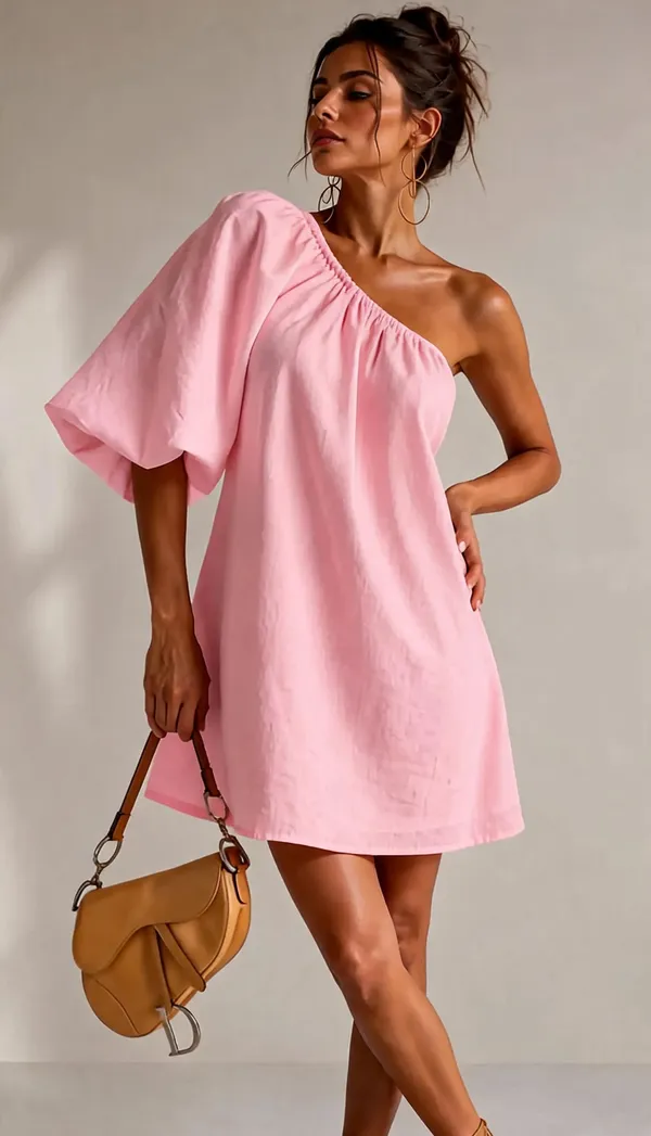 Pink_Rayon_Linen_One_Shoulder_Mini_Dress_For_Women