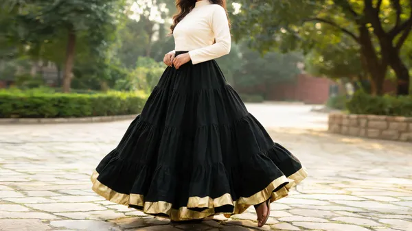 Black_Rayon_Linen_Tiered_Ruffle_Skirt_For_Women