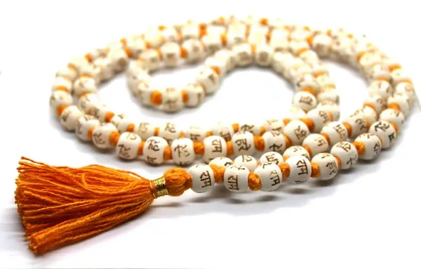 White_Om_Prayer_Mala_With_Orange_Tassel