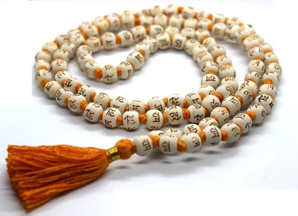 White_Om_Prayer_Mala_With_Orange_Tassel