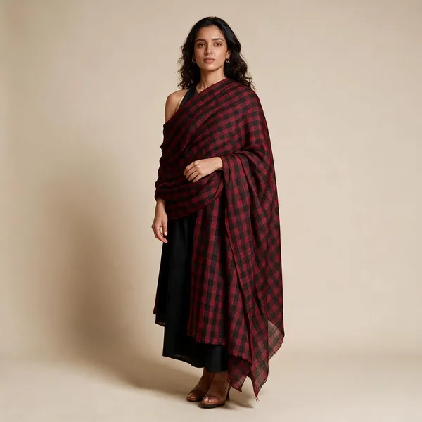 Red_And_Black_Sheer_Checkered_Shawl_For_Women