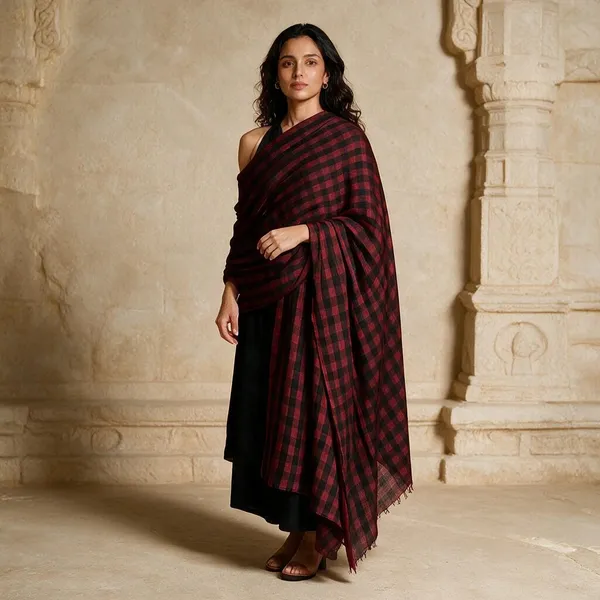 Red_And_Black_Sheer_Checkered_Shawl_For_Women