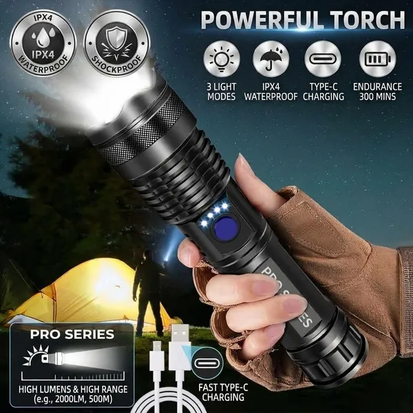 Black_Rechargeable_LED_Flashlight_With_Carrying_Case