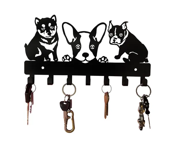 8eenplus_3_Dogs_Design_Decorative_Wall_Hook_Rack_Metal_Key_Holder_With_Boston_Terrier_And_Shiba_Inu_Silhouettes_Black_Weight_Capacity_2_2_Kg