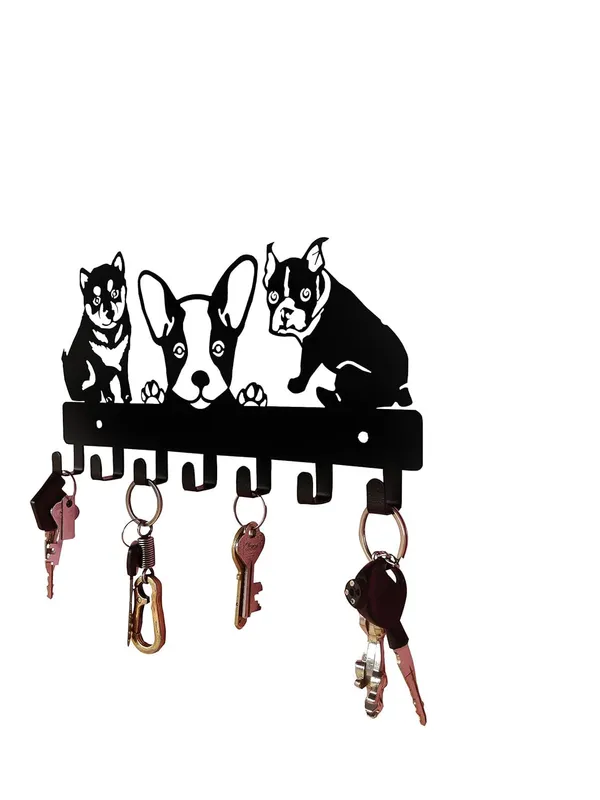 8eenplus_3_Dogs_Design_Decorative_Wall_Hook_Rack_Metal_Key_Holder_With_Boston_Terrier_And_Shiba_Inu_Silhouettes_Black_Weight_Capacity_2_2_Kg