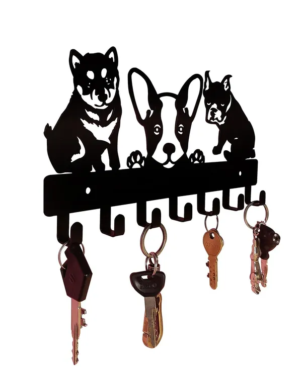 8eenplus_3_Dogs_Design_Decorative_Wall_Hook_Rack_Metal_Key_Holder_With_Boston_Terrier_And_Shiba_Inu_Silhouettes_Black_Weight_Capacity_2_2_Kg