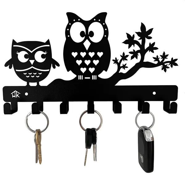 8eenplus_Decorative_Owl_Key_Holder_Wall_Mount_27_3_Cm_Metal_Key_Hook_Rack_With_6_Hooks_Black_Capacity_Weight_2_2_Kg