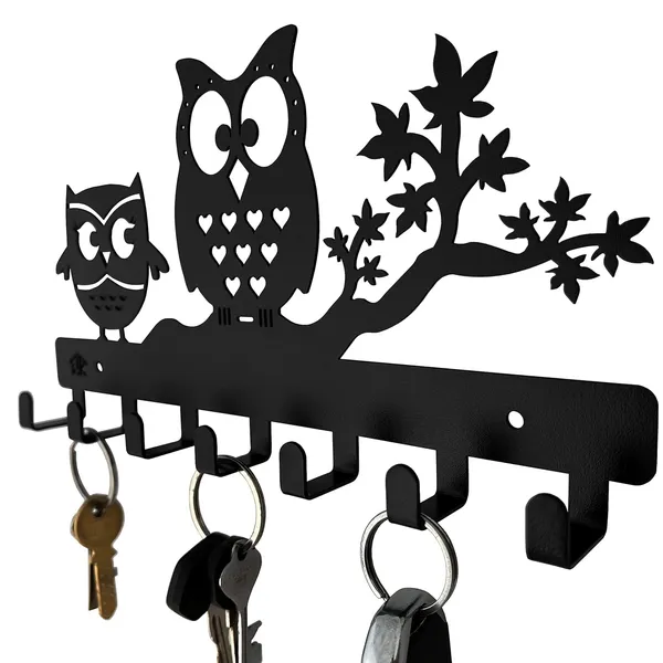 8eenplus_Decorative_Owl_Key_Holder_Wall_Mount_27_3_Cm_Metal_Key_Hook_Rack_With_6_Hooks_Black_Capacity_Weight_2_2_Kg