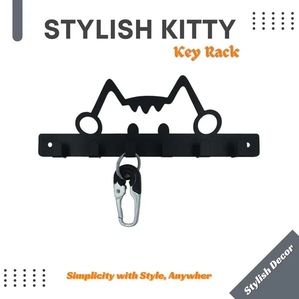 8eenplus_Decorative_Kitty_Cat_Wall_Hook_Rack_Metal_Key_Holder_Black_6_Hooks